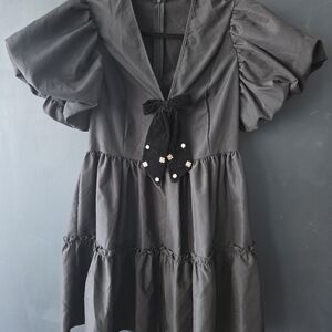 Holiday Black Mini Dress with Bow and puff sleeve